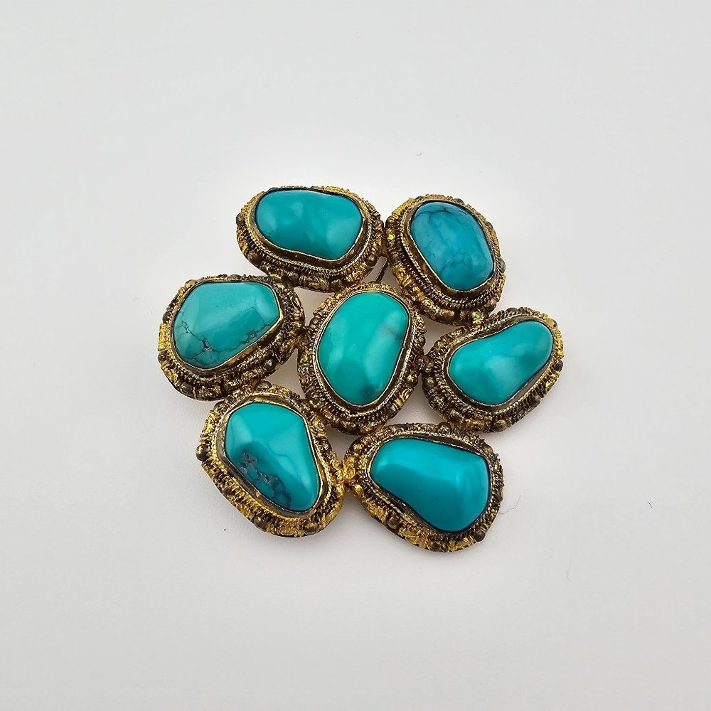 Vintage natural TURQUOISE STONE Gilt Silver  Brooch